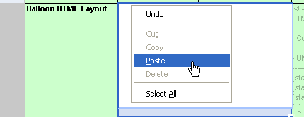 paste the HTML layout into the new template by double clicking on cell B86.