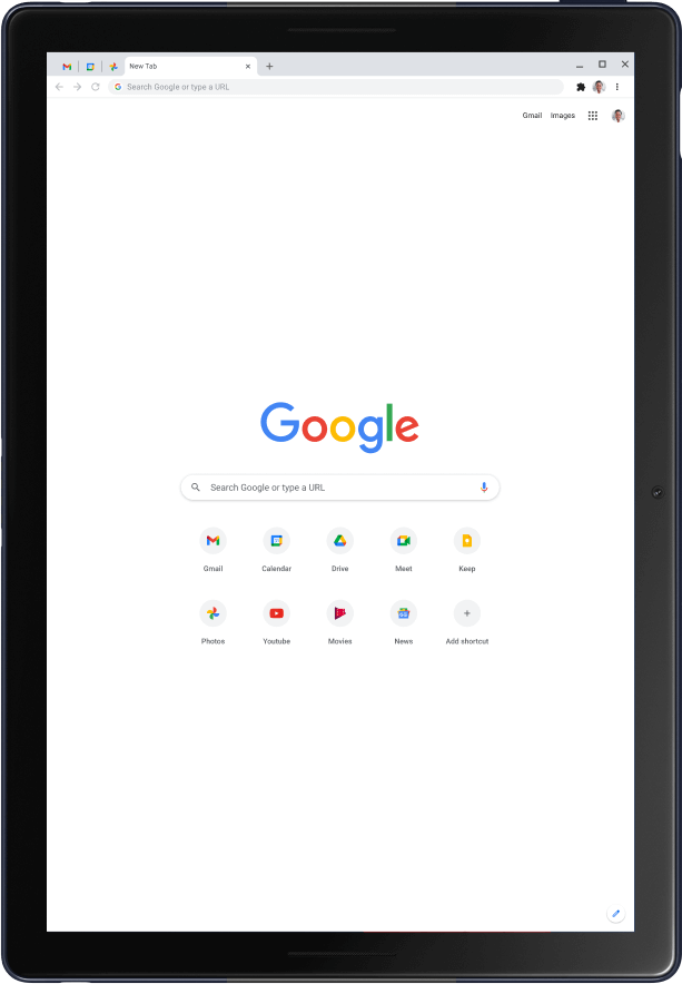 Pixel Slate-surfplatta i porträttläge som visar Googles startsida.