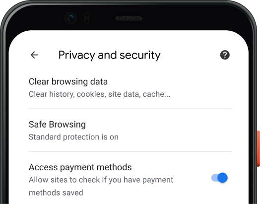 Sida med integritets- och säkerhetsinställningar i webbläsaren Chrome på en mobil enhet.
