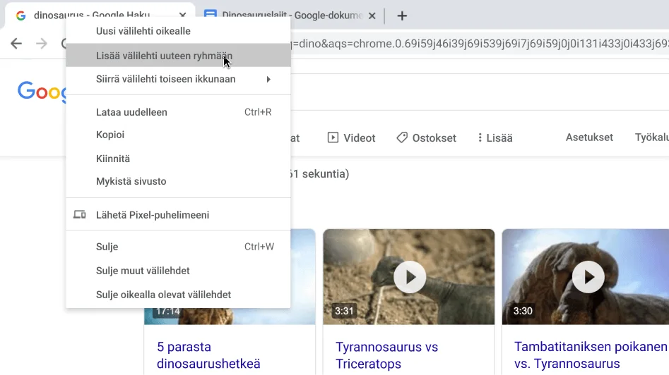 Chrome-selainikkuna, jonka valintaikkunassa näkyy uuden välilehtiryhmän luominen
