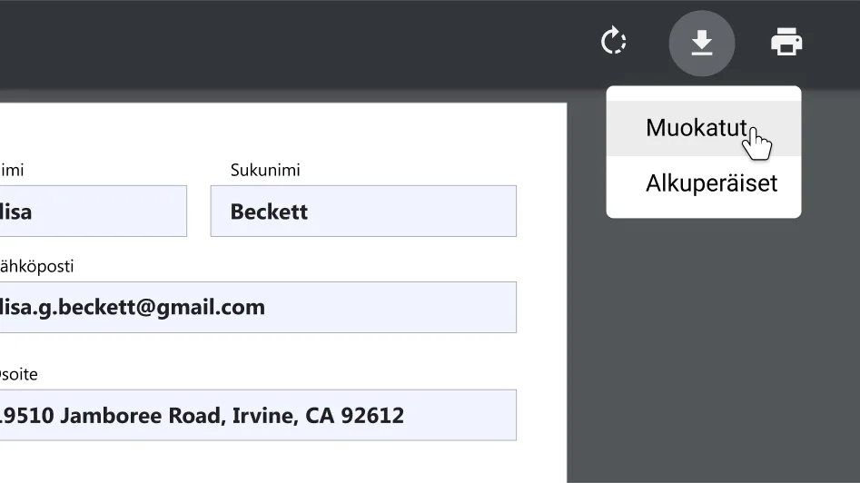 Chrome-selainikkunassa näkyy avoin PDF-dokumentti, jossa latauksen ja printtauksen asetusvalikko on zoomattuna.