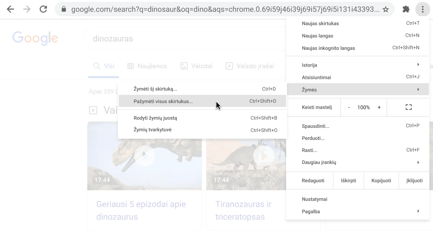 „Chrome“ naršyklės langas su dialogo langu, kuriame rodoma parinktis „Žymėti visus skirtukus“.