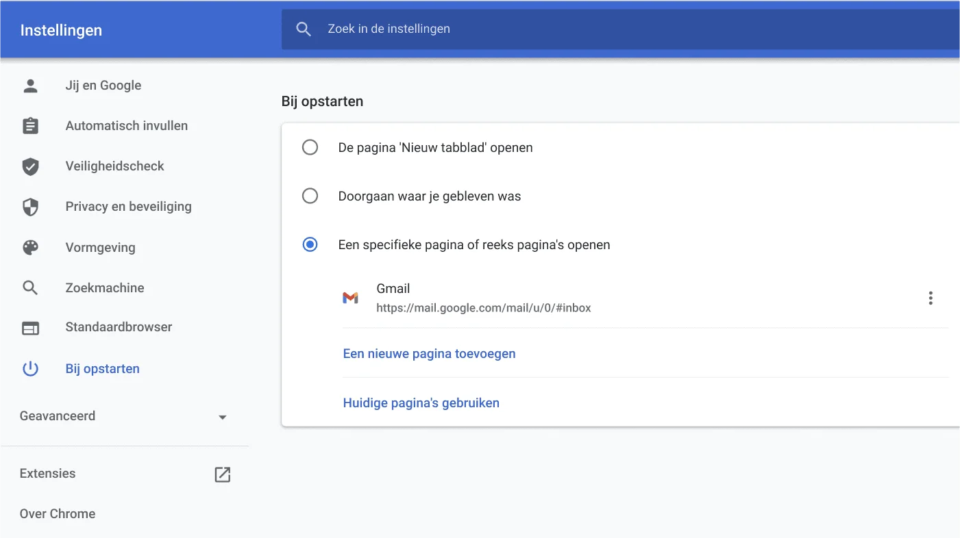Venster met Chrome-browserinstellingen met het optiemenu Bij opstarten.