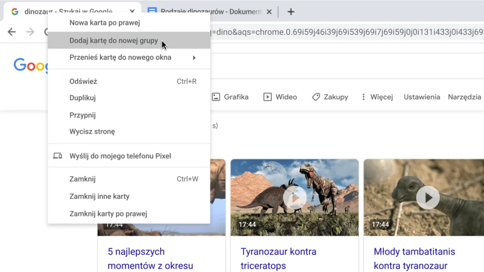 Okno przeglądarki Chrome z oknem dialogowym pokazującym tworzenie nowej grupy kart