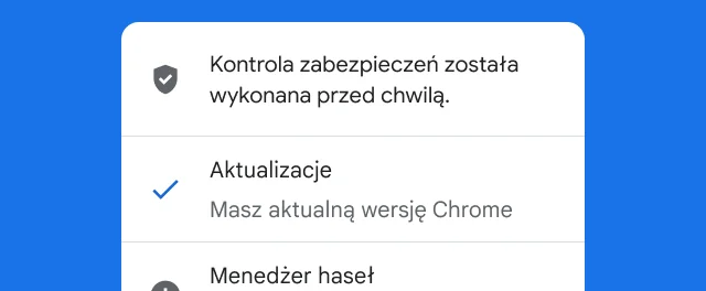 Alert pokazuje, że kontrola zabezpieczeń Chrome została ukończona, a przeglądarka jest aktualna.