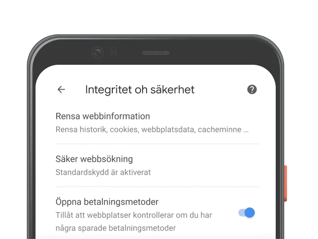 Sida med integritets- och säkerhetsinställningar i webbläsaren Chrome på en mobil enhet.