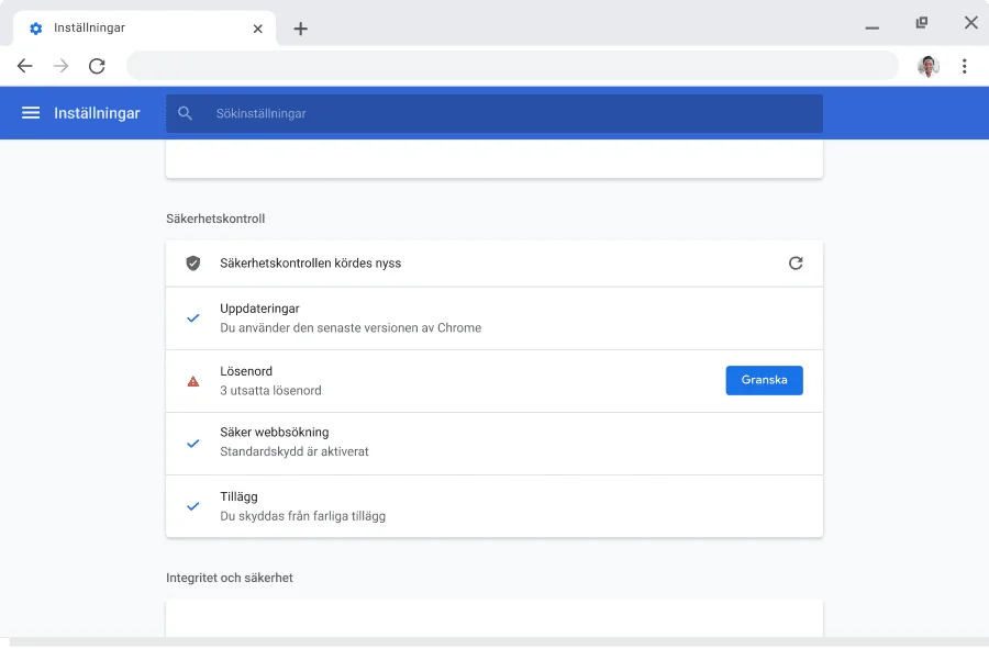 Ett webbläsarfönster i Chrome visar konto- och synkroniseringsinställningar för Google-konton där synkronisering har aktiverats.