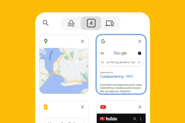 En mobilwebbläsare läser in flikar från en datorwebbläsare, bland annat Google Maps och parkeringsinformation för New York.