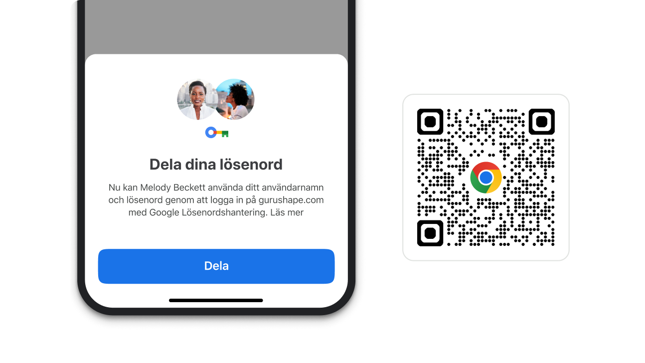 En modul i Chrome för att dela lösenord. Bredvid modulen finns en QR-kod som du kan använda för att ladda ned Chrome.