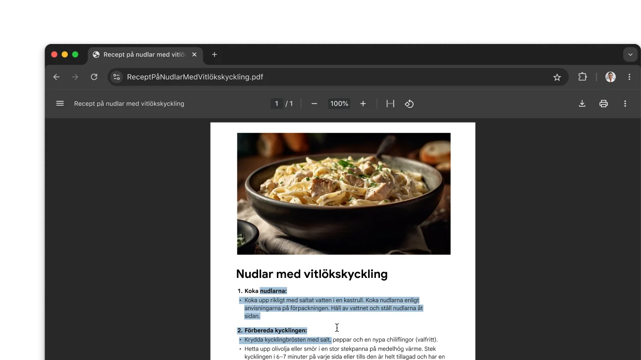 En PDF med ett recept är öppen i ett webbläsarfönster i Chrome. Användaren har markerat text i PDF-filen.