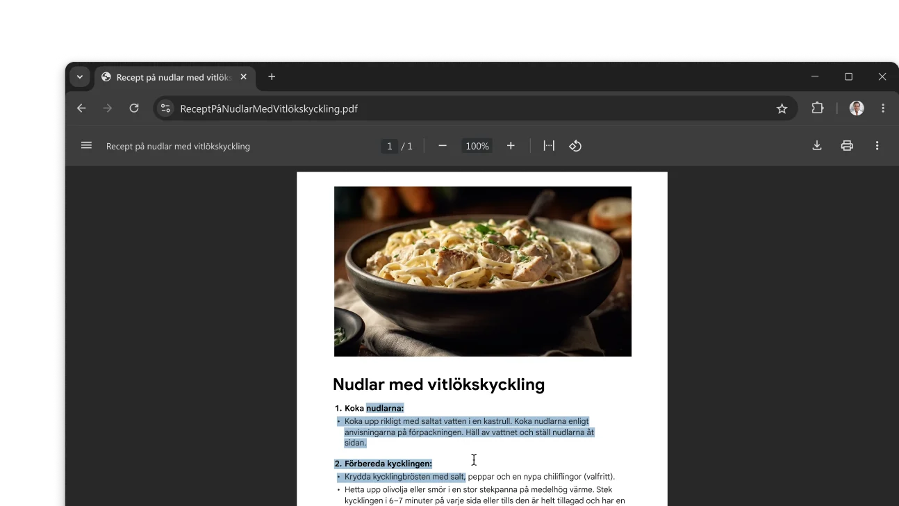 En PDF med ett recept är öppen i ett webbläsarfönster i Chrome. Användaren har markerat text i PDF-filen.
