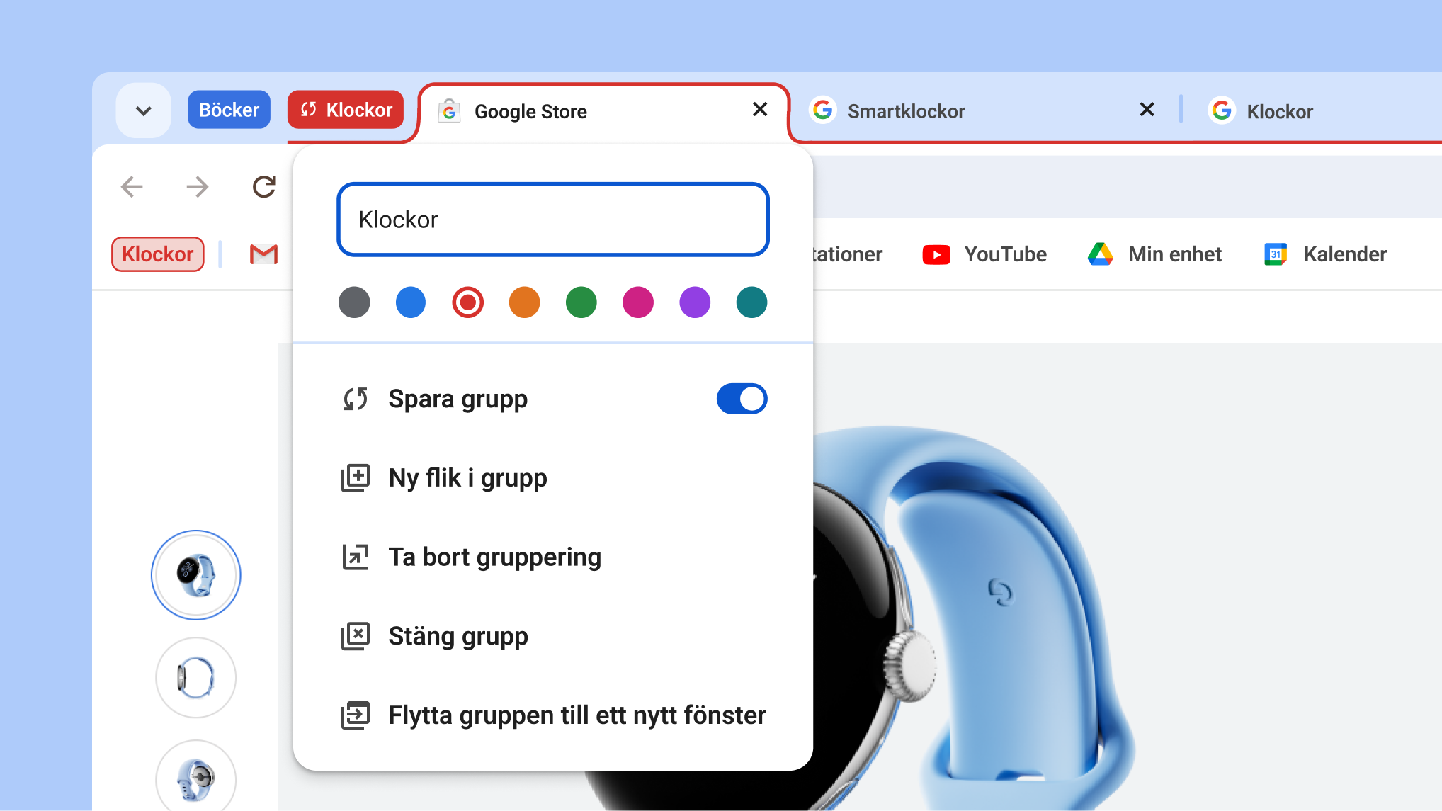 Öppen flikgruppsmeny med alternativen Spara ny och Dölj grupp