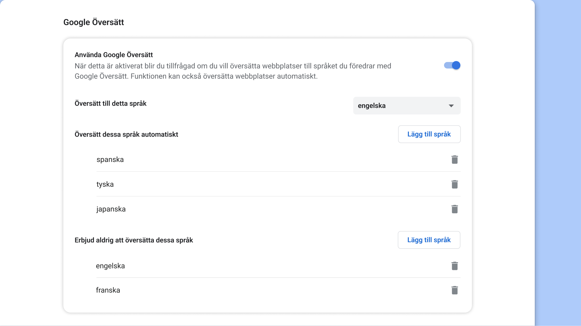 Inställningssida för Google Översätt i Chrome