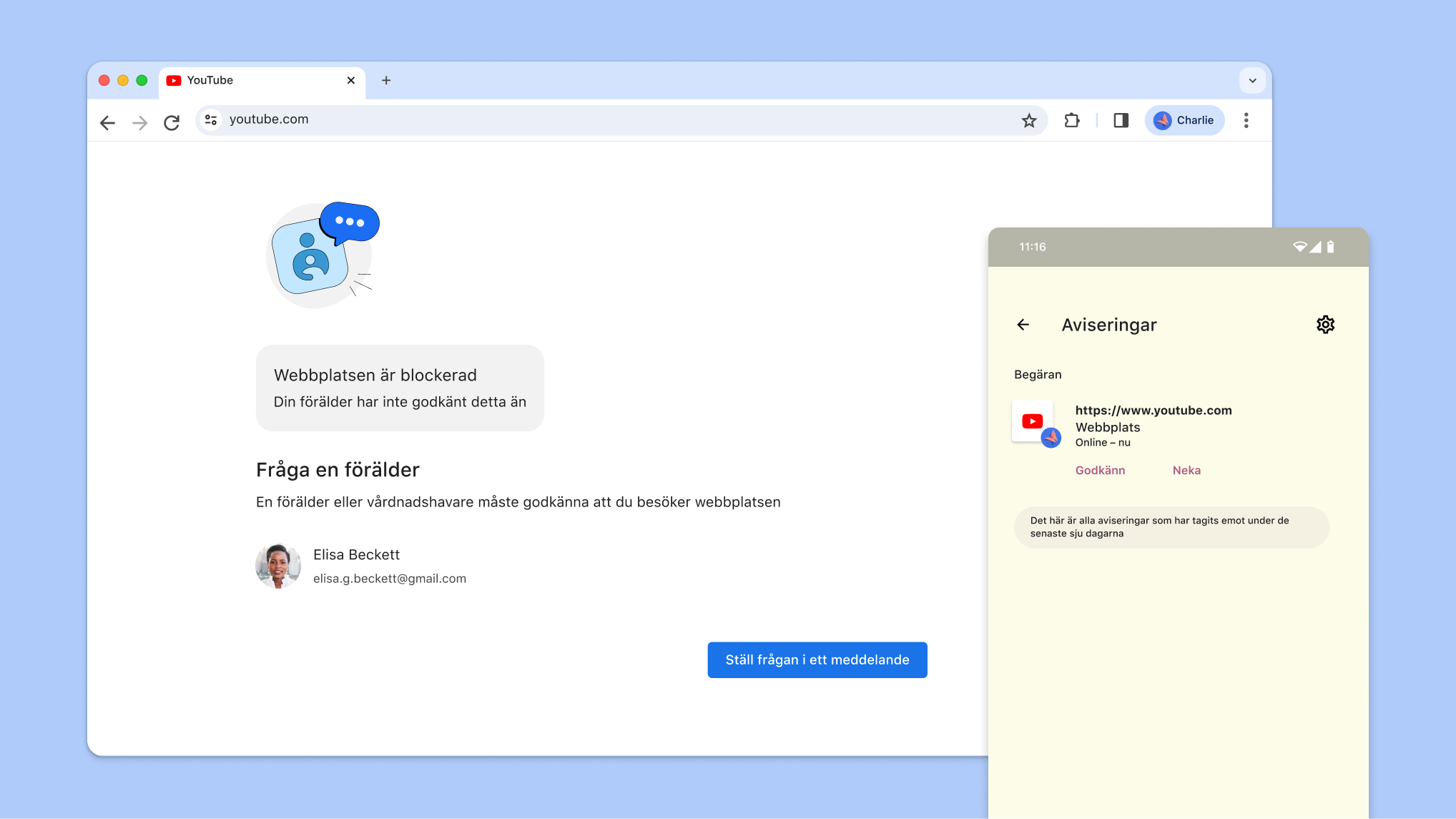 Webbplatsen har blockerats med föräldrakontroller och en avisering från Family Link om att tillåta besök