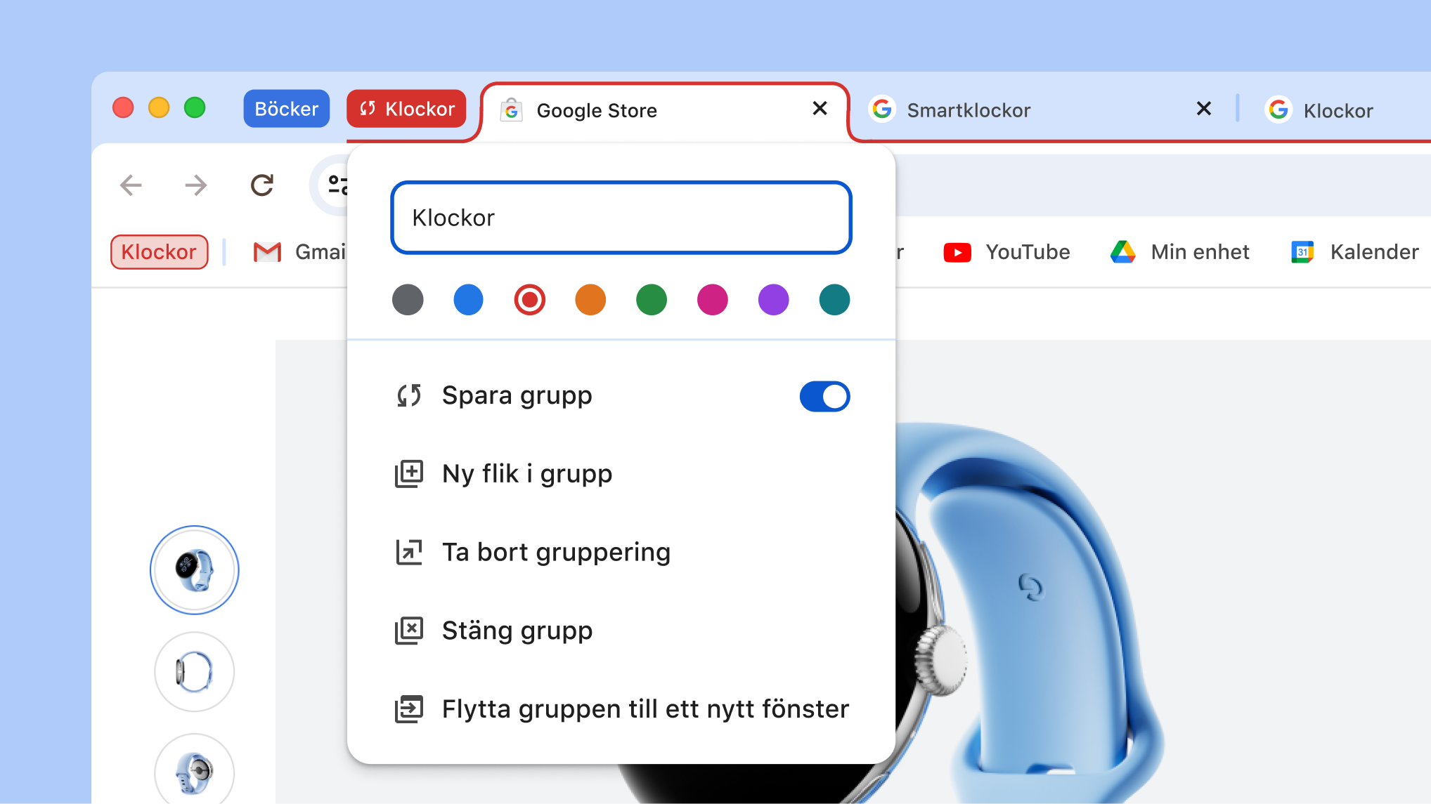 Öppen flikgruppsmeny med alternativen Spara ny och Dölj grupp