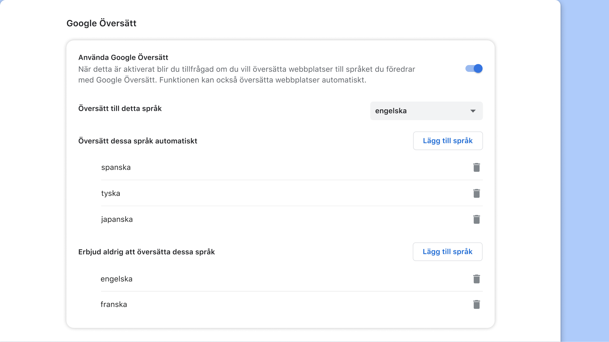 Inställningssida för Google Översätt i Chrome
