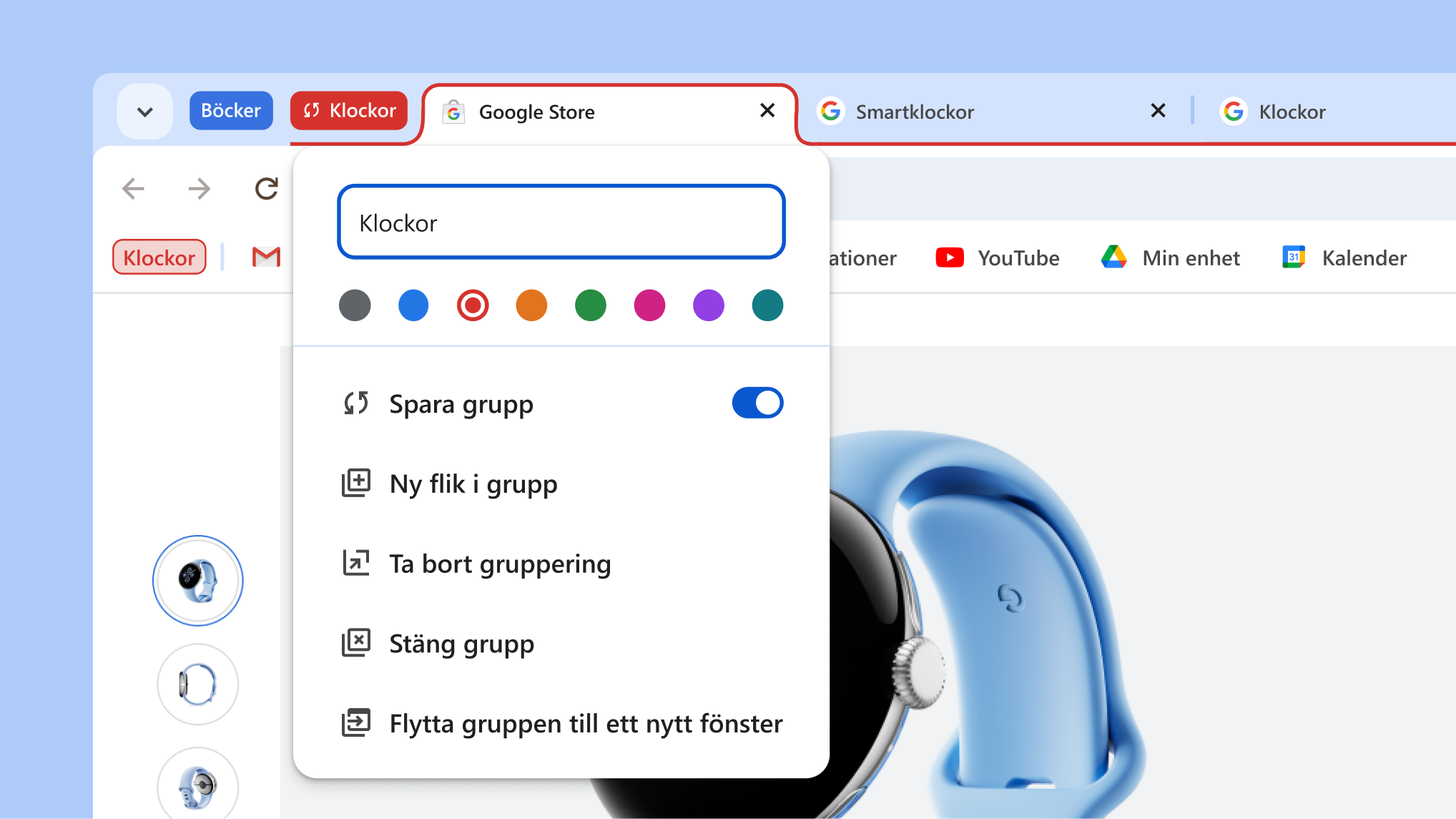 Öppen flikgruppsmeny med alternativen Spara ny och Dölj grupp