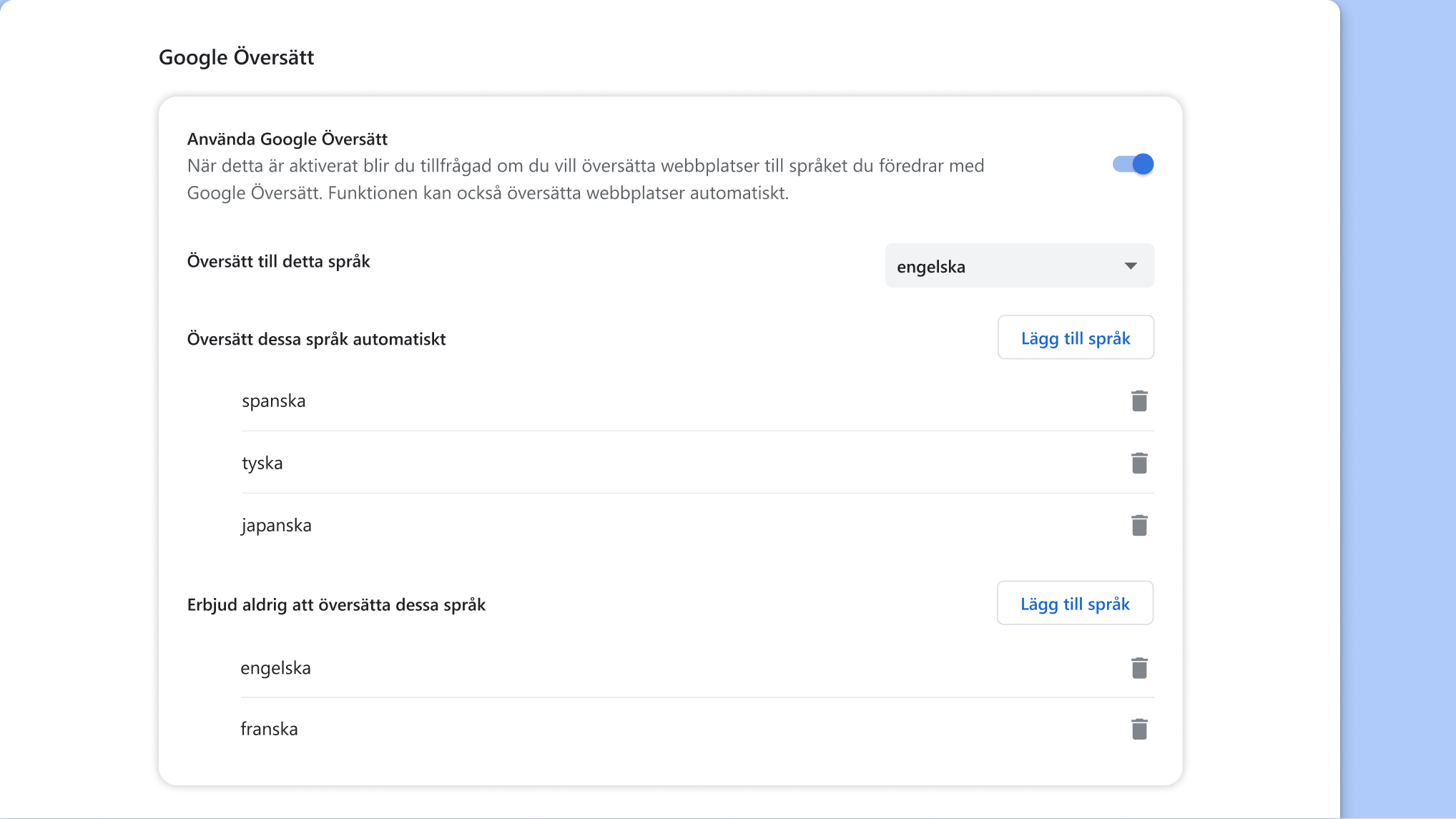 Inställningssida för Google Översätt i Chrome