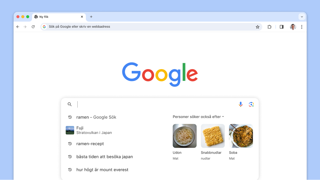 Markören visas i sökrutan med automatiskt inlästa tidigare sökningar och relaterade ämnen.