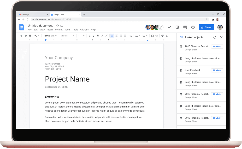 Skärm med Google Dokument som visar en öppen projektmall.