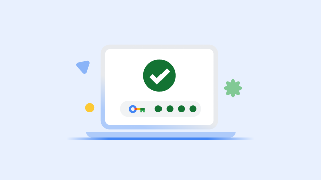 En laptopskärm som visar en stor grön bockmarkering och en slutförd förloppsindikator för en säkerhetsnyckel.